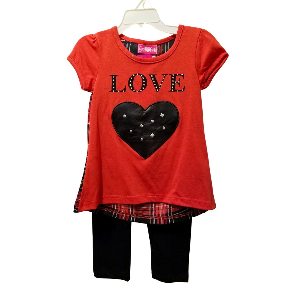 Girls Pink T-Shirt & Leggings 2-Piece Set Girls 4 Red Black Plaid Love NWT
